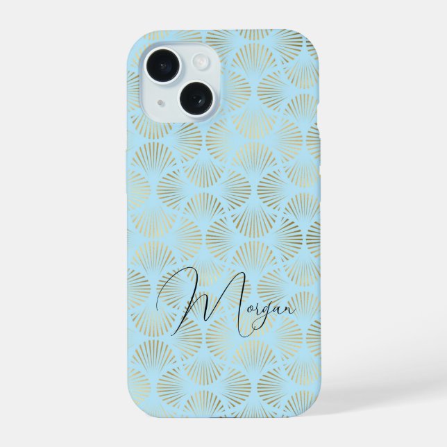 Art Deco Pattern, Gold & Pale Blue, Script Name iPhone 15 Case (Back)