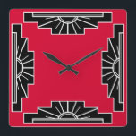 Art Deco Pattern in Red Square Wall Clock<br><div class="desc">Based on classic art deco shapes of a sunburst,  recreated in red and black</div>