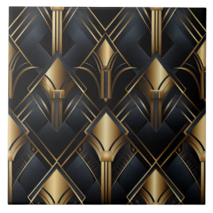 Art Deco Pattern, Metallic effect, black and gold Tile