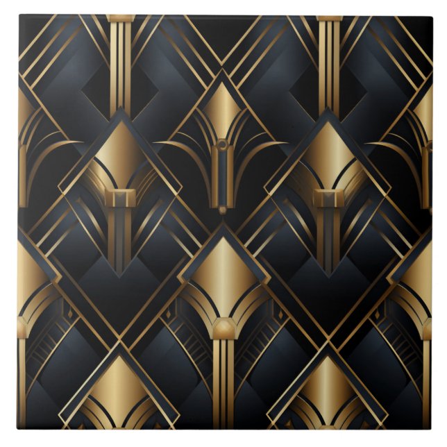 Art Deco Pattern, Metallic effect, black and gold Tile (Front)
