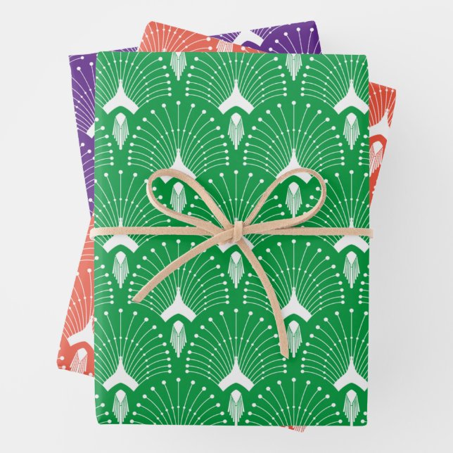 Art Deco Pattern on orange, green and purple Wrapping Paper Sheet (In situ)