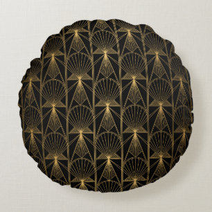 Art Deco Pattern. Seamless black and gold backgrou Round Cushion