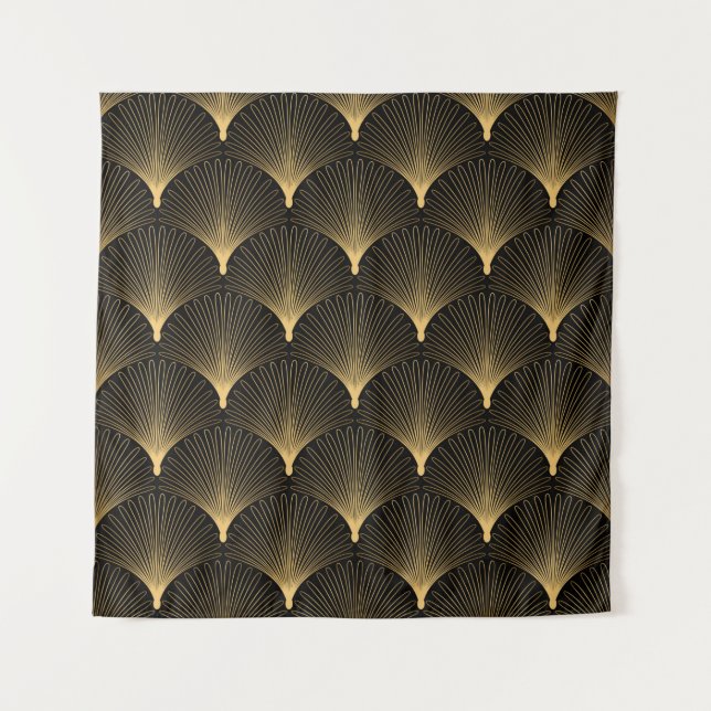 Art Deco Pattern. Seamless black and gold backgrou Tapestry (Front)