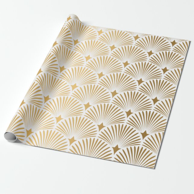 Art Deco Pattern. Seamless white and gold backgrou Wrapping Paper (Unrolled)