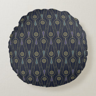 Art Deco pattern with geometric shapes in gold Round Cushion