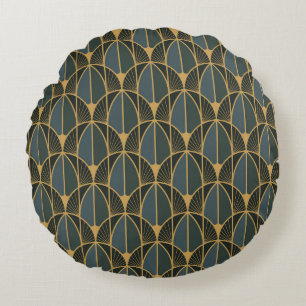 Art Deco pattern with gold geometric shapes Round Cushion