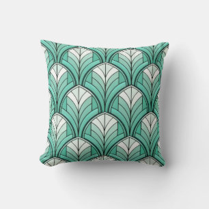 art deco pattern with teal, white, and green hues cushion