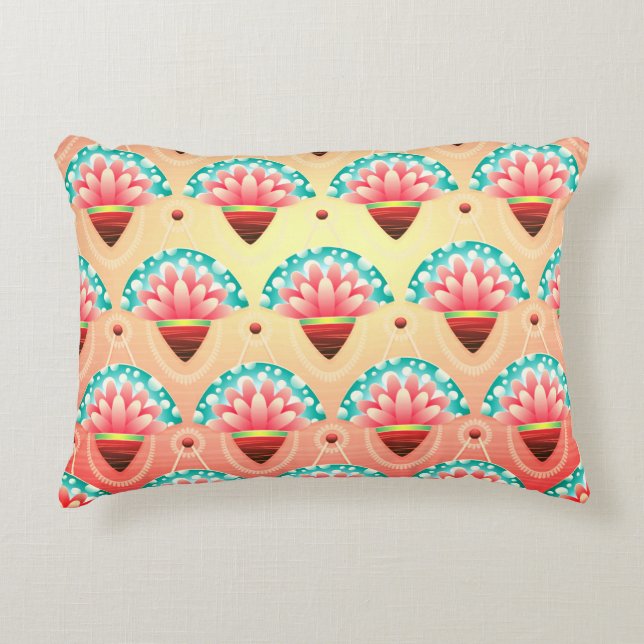 Art deco peach teal gold floral pattern decorative cushion (Front)