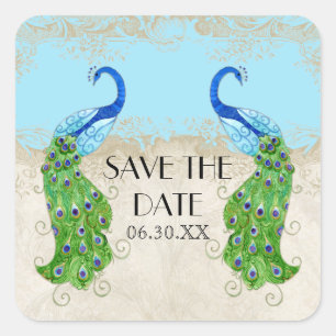 Art Deco Peacock Aqua Blue Save the Date Seal