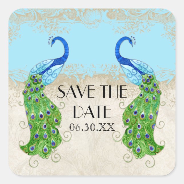 Art Deco Peacock Aqua Blue Save the Date Seal (Front)