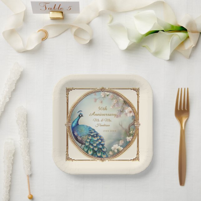 Art Deco Peacock Elegant Flower 50th Anniversary Paper Plate (Wedding)