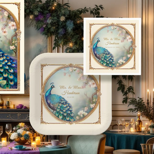 Art Deco Peacock Elegant Flower Tree Wedding Napkin (Creator Uploaded)