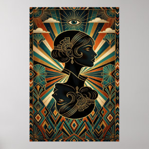 Art Deco Peacock Feather Dancer Gold Teal Poster