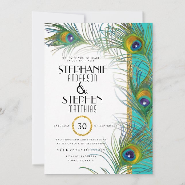 Art Deco Peacock Feather Modern Gold Teal Wedding Invitation (Front)