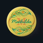 Art Deco Peacock Feather Monogram Stencil 6 Cm Round Badge<br><div class="desc">This beautiful, modern decorative stencil button design looks vintage Art Deco / Art Nouveau 20's style. In the centre, you can add your name and monogram inside the circle made of an abstract peacock feather motif. The colours are green, blue-green teal, orange, brown and red on a golden yellow-orange background....</div>