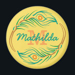 Art Deco Peacock Feather Monogram Stencil Magnet<br><div class="desc">This beautiful, modern decorative stencil fridge magnet design looks vintage Art Deco / Art Nouveau 20's style. In the centre, you can add your name and monogram inside the circle made of an abstract peacock feather flourish motif. The colours are green, blue-green teal, orange, brown and red on a golden...</div>