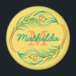 Art Deco Peacock Feather Monogram Stencil Magnet<br><div class="desc">This beautiful, modern decorative stencil fridge magnet design looks vintage Art Deco / Art Nouveau 20's style. In the centre, you can add your name and monogram inside the circle made of an abstract peacock feather flourish motif. The colours are green, blue-green teal, orange, brown and red on a golden...</div>