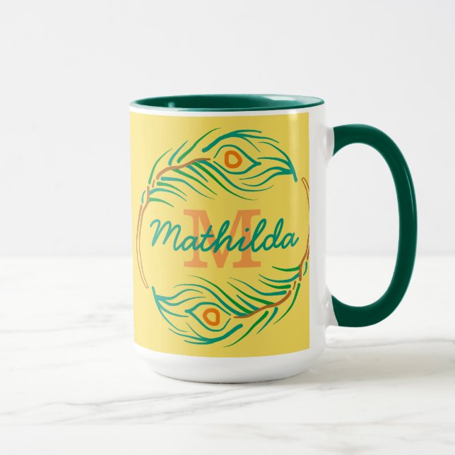 Art Deco Peacock Feather Monogram Stencil Mug (Right)