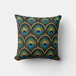 Art Deco Peacock Feather Pattern Throw Pillow