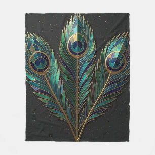 Art Deco Peacock Feathers Gold Teal Fleece Blanket