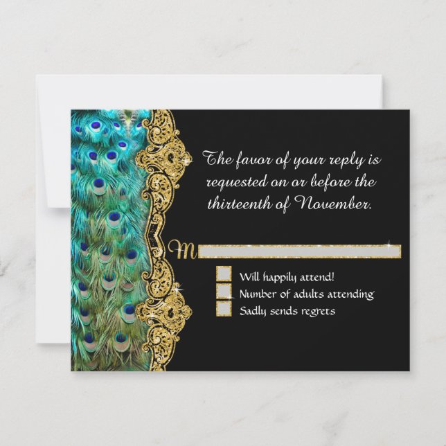 Art Deco Peacock Glam Old Hollywood RSVP Response  (Front)