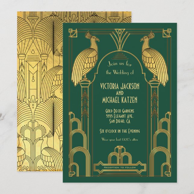 Art Deco Peacock Gold & Black Wedding Invitation (Front/Back)