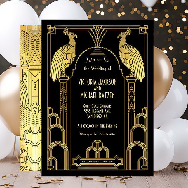 Art Deco Peacock Gold & Black Wedding Invitation (Creator Uploaded)