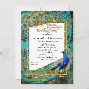 Art Deco Peacock Gold Glitter Hollywood Birthday Invitation