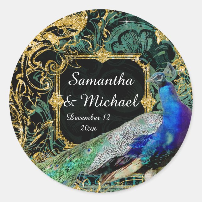 Art Deco Peacock Gold Glitter Old Hollywood Gatsby Classic Round Sticker (Front)