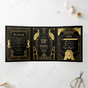 Art Deco Peacock Lion Seahorse Elephant Wedding Tri-Fold Invitation