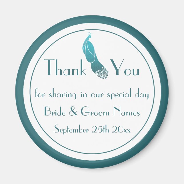 Art Deco Peacock Thank You Wedding Favour Magnet (Front)