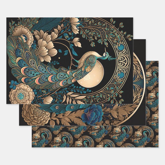 Art Deco Peacock Wrapping Paper Sheet (Set)