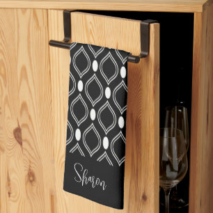 Art Deco Pearls Black And White Monogrammed Tea Towel