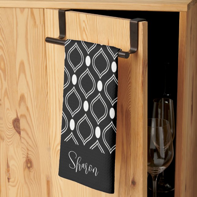 Art Deco Pearls Black And White Monogrammed Tea Towel (Thirds Fold)