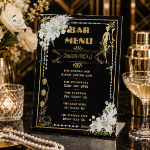 Art Deco Pearls White Flowers Gatsby 20s Bar Menu Pedestal Sign