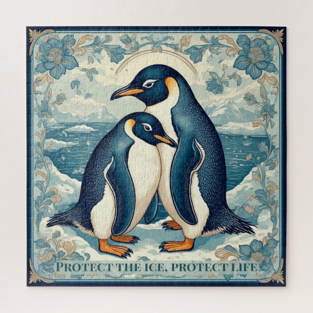 Art Deco Penguin Ice Bird Couple Floral Snow Ocean Jigsaw Puzzle (Vertical)