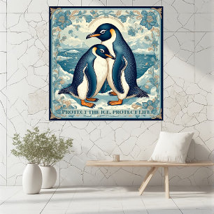 Art Deco Penguin Ice Bird Couple Snow Ocean Floral Photo Print