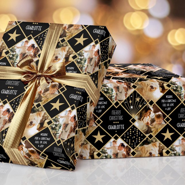 Art Deco Personalised Name Photos Christmas Black Wrapping Paper (Creator Uploaded)