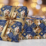 Art Deco Personalised Name Photos Christmas Blue Wrapping Paper<br><div class="desc">Wrap your Christmas present in Art Deco style with this custom photo gift wrap! A seamless geometric pattern, with diamond shapes, stars and stylish typography. Personalise the template with three favourite photos, the recipient's name and birthday age. A luxurious and unique way to celebrate the festive season for family and...</div>