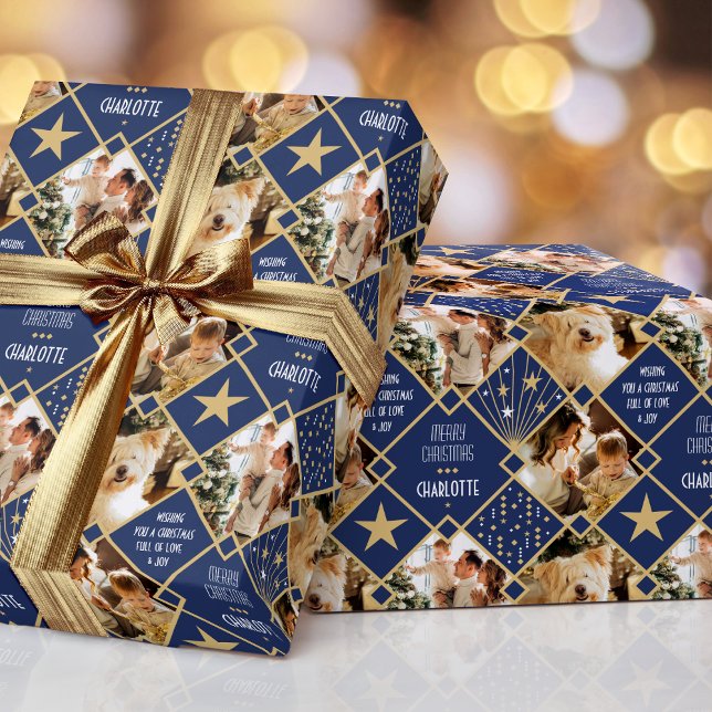 Art Deco Personalised Name Photos Christmas Blue Wrapping Paper (Creator Uploaded)