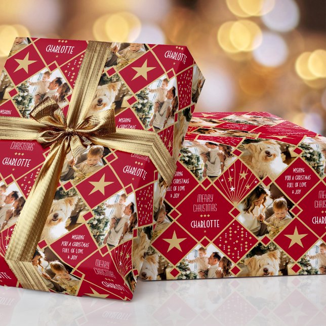Art Deco Personalised Photos Christmas Deep Red Wrapping Paper (Creator Uploaded)