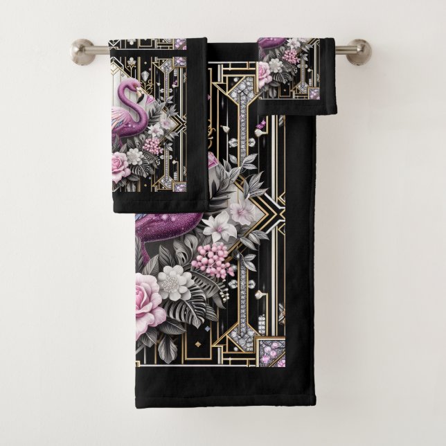Art Deco Pink and Rainbow Flamingo  Bath Towel Set (Insitu)