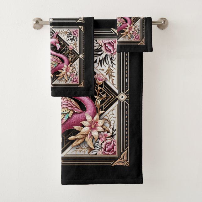 Art Deco Pink and Rainbow Flamingo  Bath Towel Set (Insitu)