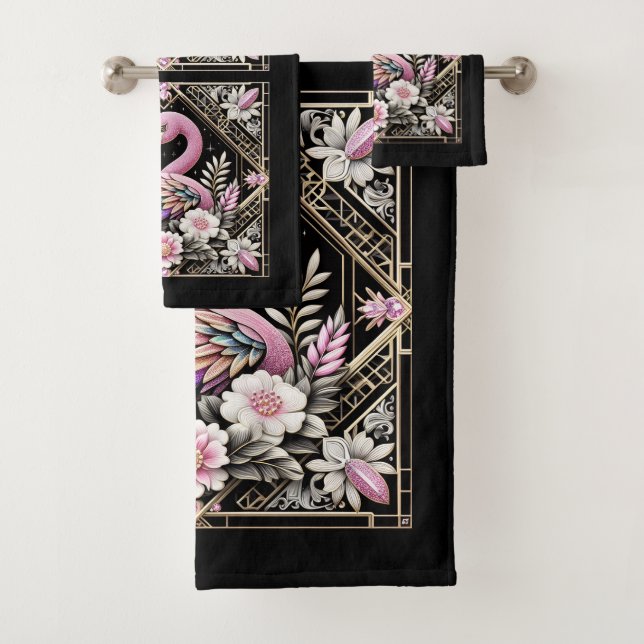 Art Deco Pink and Rainbow Flamingo  Bath Towel Set (Insitu)