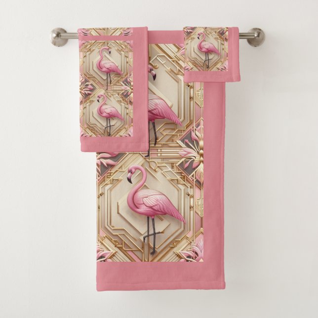 Art Deco Pink Flamingo  Bath Towel Set (Insitu)