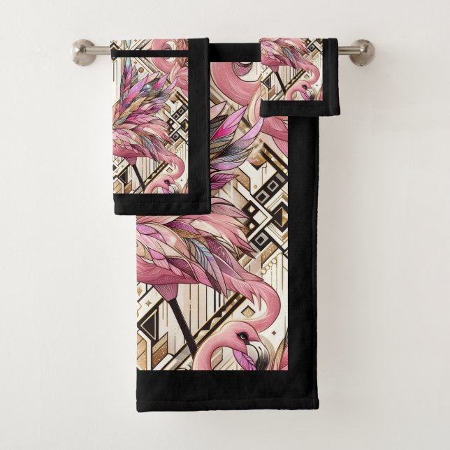 Art Deco Pink Flamingo  Bath Towel Set (Insitu)