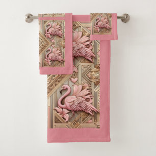 Art Deco Pink Flamingo  Bath Towel Set