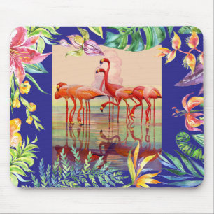 Art Deco Pink Flamingos &  Flowers Mouse Pad