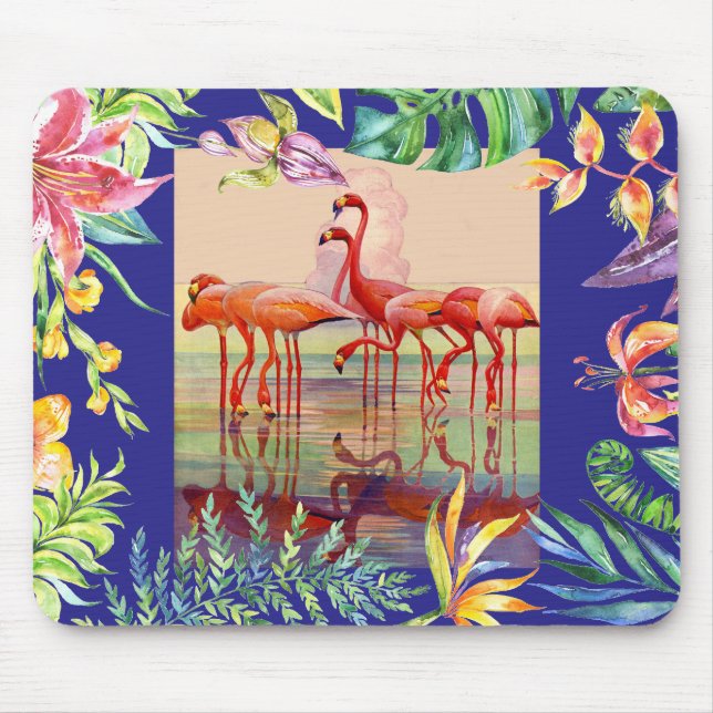 Art Deco Pink Flamingos &  Flowers Mouse Pad (Front)