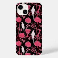 ART DECO PINK FLOWERS,WHITE PARROTS ON BLACK